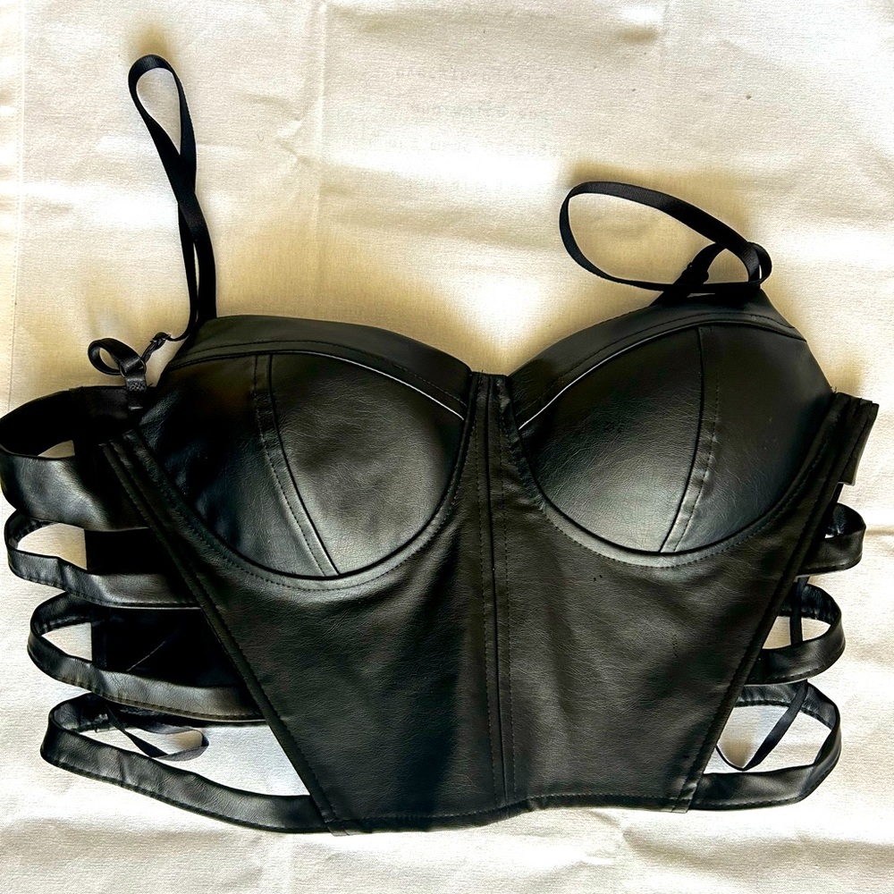 NWT Black Faux Leather Corset Bustier Top XL